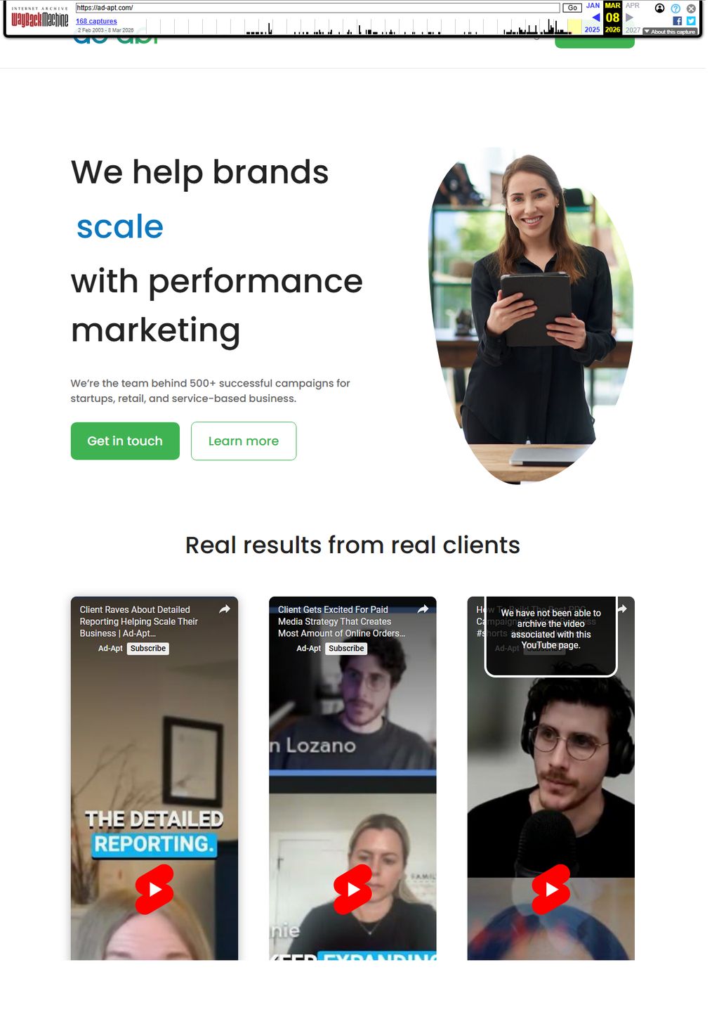 The old ad-apt.com running WordPress 6.5 with Divi, captured by the Wayback Machine on 2026-03-08